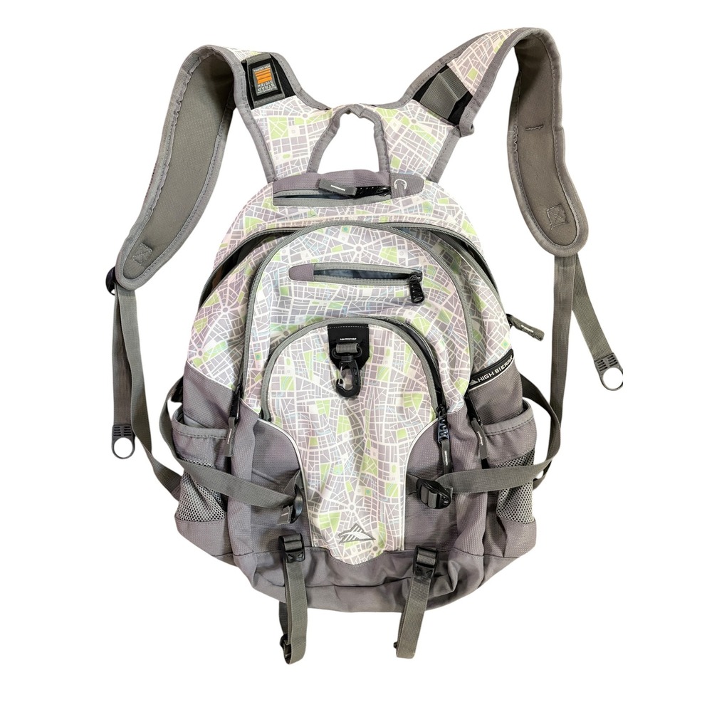 High Sierra Gray Map Print Multi Pocket Hiking Travel Backpack